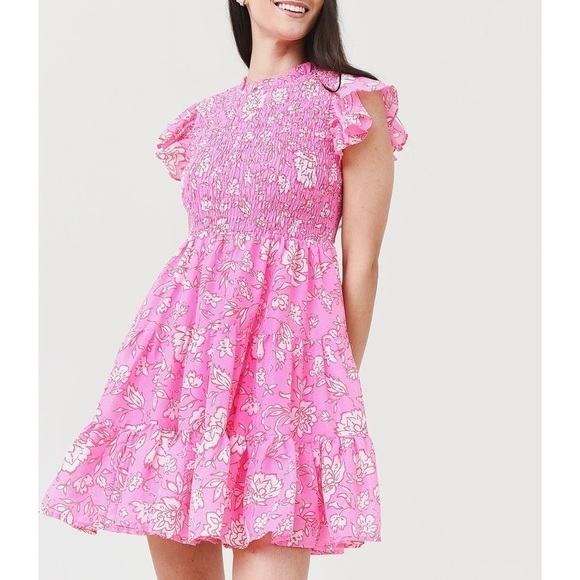 J. MARIE Pink Floral The Rosie Ruched Smocked Dress Large - Picture 1 of 7